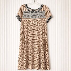 Max Edition Beige and Navy Patterned Short Sleeve Dress Size Medium